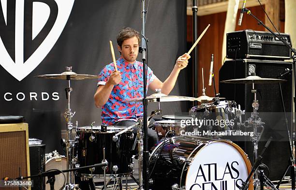 Drummer Michael Jeffery of Atlas Genius performs live at Warner Bros. Records Boutique Store on August 9, 2013 in Burbank, California.