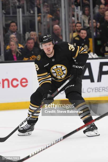 Patrick Brown of the Boston Bruins skates against the Anaheim Ducks on October 26, 2023 at the TD Garden in Boston, Massachusetts.