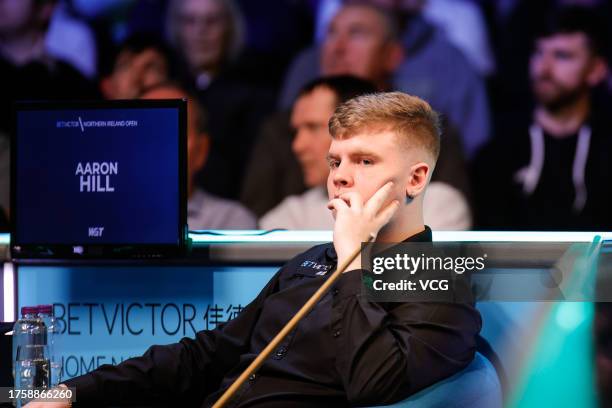 Aaron Hill of Ireland reacts in the fourth round match against Jack Lisowski of England on day five of 2023 Northern Ireland Open at Waterfront Hall...