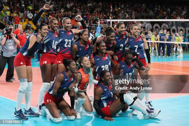 Players of Team Dominican Republic celebrates victory after a Volleyball - Women's Final match between of Team Dominican Republic and Team Brazil at...