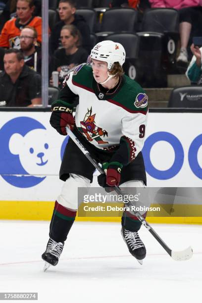 Logan Cooley of the Arizona Coyotes skates on the ice during the second period against the Anaheim Ducks at Honda Center on November 1, 2023 in...