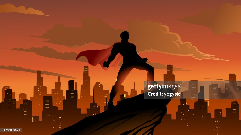 Vektor superheld starke pose silhouette in einer stadt Stock Illustration