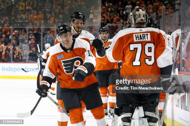 Bobby Brink of the Philadelphia Flyers reacts after scoring during the third period against the Minnesota Wild at Wells Fargo Center on October 26,...