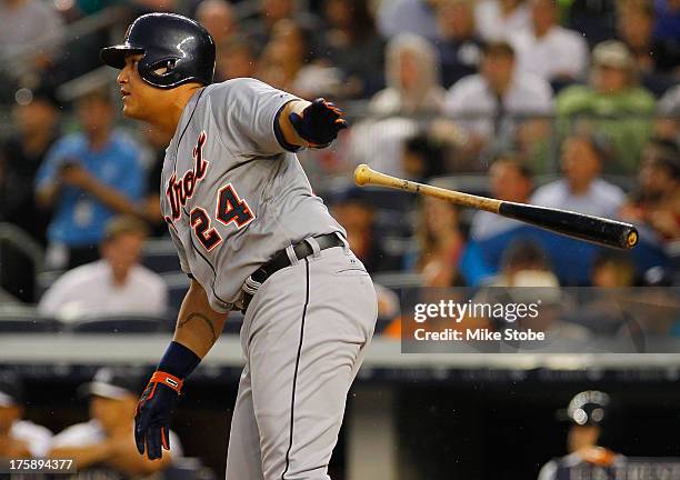 Miguel Cabrera of the Detroit Tigers lines out to center in the first inning against the New York Yankees at Yankee Stadium on August 9, 2013 in the...