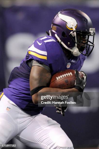 Stephen Burton of the Minnesota Vikings returns a kick during the third quarter of the game against the Houston Texans on August 9, 2013 at Mall of...