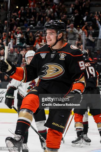 Leo Carlsson of the Anaheim Ducks celebrates his goal with teammates during the third period against the Arizona Coyotes at Honda Center on November...