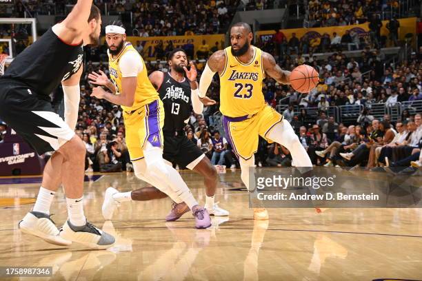 LeBron James of the Los Angeles Lakers drives to the basket during the game against the LA Clippers on November 1, 2023 at Crypto.Com Arena in Los...