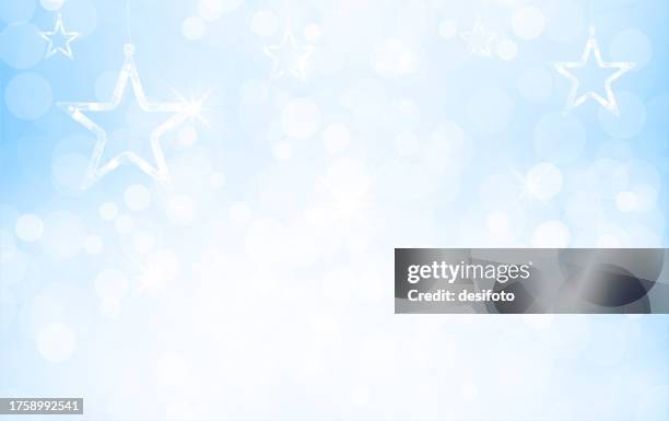 blank empty glittery shimmery shiny horizontal ombre vector party backdrop or backgrounds in bright gradient light sky blue color with bubbles or lens flare all over like bokeh lights for diwali, new year, christmas celebrations with hanging shining stars - dream bubble stock illustrations