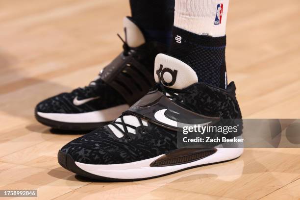 The sneakers of Jonas Valanciunas of the New Orleans Pelicans during the game against the Oklahoma City Thunder on November 1, 2023 at Paycom Arena...