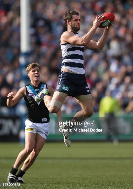 Jared Rivers of the Cats marks the ball during the round 20 AFL match between the Geelong Cats and Port Adelaide at Simonds Stadium on August 10,...