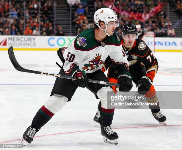 Sean Durzi of the Arizona Coyotes and Frank Vatrano of the Anaheim Ducks battle for position during the third period Honda Center on November 1, 2023...