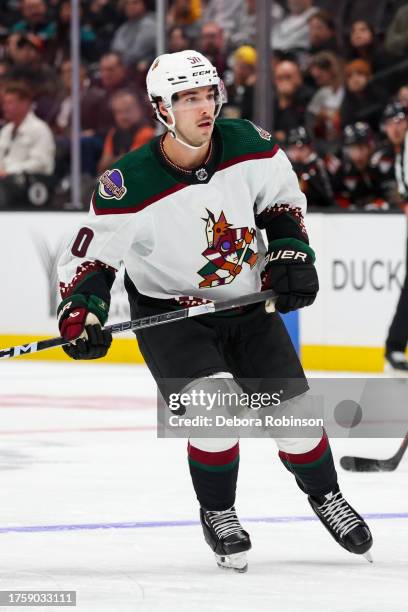 Sean Durzi of the Arizona Coyotes during the third period against the Anaheim Ducks at Honda Center on November 1, 2023 in Anaheim, California.