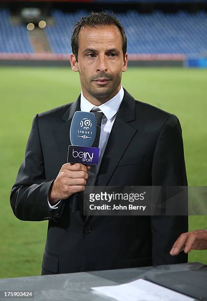 Ludovic Giuly, consultant for Bein Sport TV attends the opening french Ligue 1 match between Montpellier Herault SC and Paris Saint-Germain FC at the...