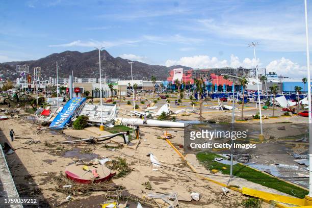 View of a damaged parking lot after hurricane Otis hit Acapulco on October 26, 2023 in Acapulco, Mexico. Otis made landfall through the coast of...