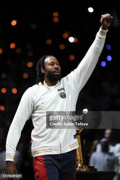 DeAndre Jordan of the Denver Nuggets receives his championship ring before the game against the Los Angeles Lakers at Ball Arena on October 24, 2023...