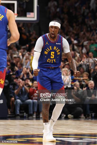 Kentavious Caldwell-Pope of the Denver Nuggets reacts to a play against the Los Angeles Lakers in the second half at Ball Arena on October 24, 2023...