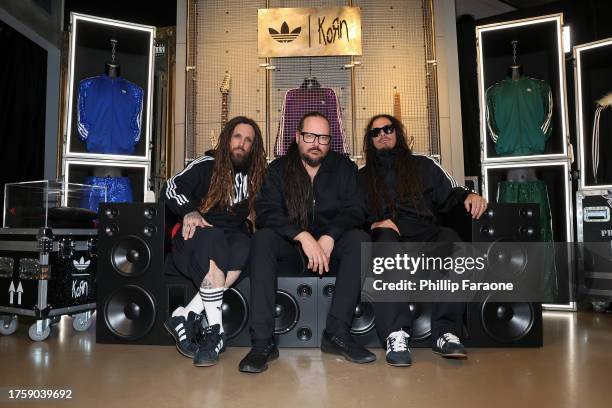 Brian Welch, Jonathan Davis and James Shaffer of KoRn attend adidas Originals x KoRn Retail Activation + Media Event on October 26, 2023 in Los...