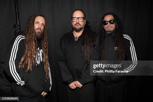 Brian Welch, Jonathan Davis and James Shaffer of KoRn attend adidas Originals x KoRn Retail Activation + Media Event on October 26, 2023 in Los...