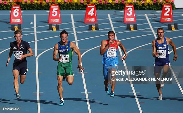 France's Kevin Mayer, Brazil's Carlos Chinin, Russia's Ilya Shkurenev and Estonia's Maicel Uibo run during the men's decathlon 100 metres event at...