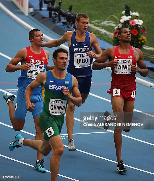 Brazil's Carlos Chinin, Russia's Ilya Shkurenev, Estonia's Maicel Uibo and US athlete Jeremy Taiwo run during the men's decathlon 100 metres event at...