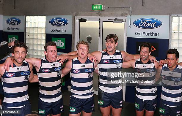 Corey Enright, Steve Johnson, Josh Caddy, Tom Hawkins, Jimmy Bartel and Allen Christensen of the Cats celebrate their win during the round 20 AFL...