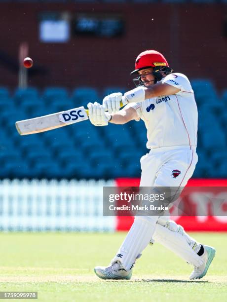 Ben Manenti of the Redbacks hits six during the Sheffield Shield match between South Australia and Western Australia at Adelaide Oval, on October 27...