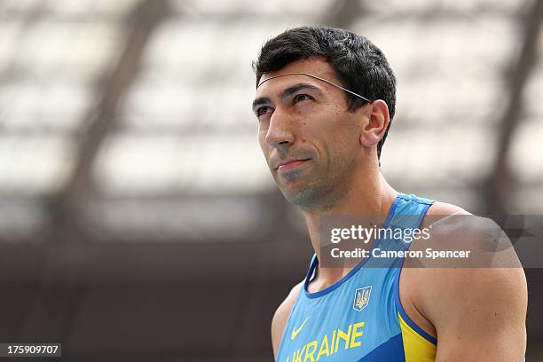 Oleksiy Kasyanov of Ukraine competes in the Men's Decathlon Shot Put during Day One of the 14th IAAF World Athletics Championships Moscow 2013 at...