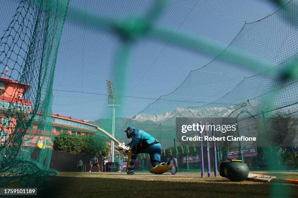 Glenn Maxwell of Australia bats during an Australian training session at the ICC Men's Cricket World Cup India 2023 at the HPCA Stadium on October...