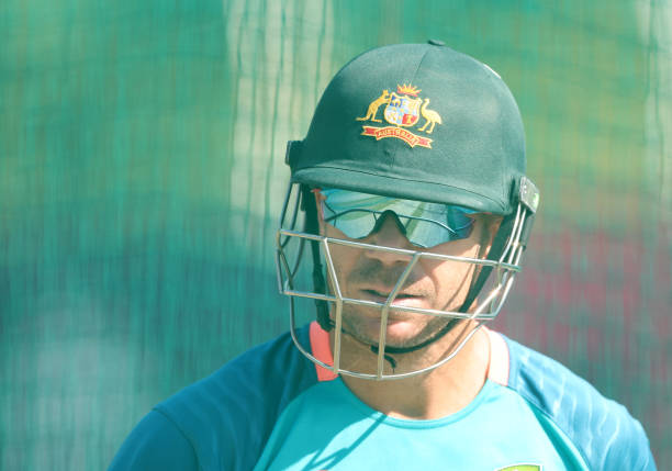 David Warner of Australia wears sunglasses in the nets during an Australian training session at the ICC Men's Cricket World Cup India 2023 at the...
