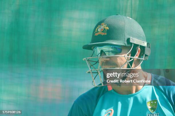 David Warner of Australia wears sunglasses in the nets during an Australian training session at the ICC Men's Cricket World Cup India 2023 at the...