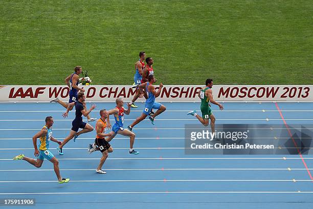 Carlos Chinin of Brazil competes in the Men's Decathlon 100 metres during Day One of the 14th IAAF World Athletics Championships Moscow 2013 at...