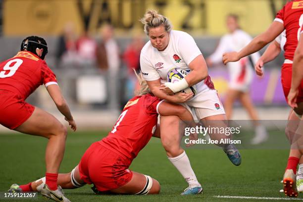 Marlie Packer of England charges forward during the WXV1 match between England and Canada at Forsyth Barr Stadium on October 27, 2023 in Dunedin, New...