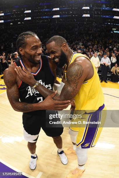 Kawhi Leonard of the LA Clippers greets LeBron James of the Los Angeles Lakers after the game on November 1, 2023 at Crypto.Com Arena in Los Angeles,...