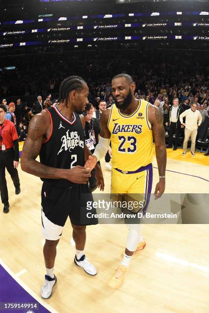 Kawhi Leonard of the LA Clippers greets LeBron James of the Los Angeles Lakers after the game on November 1, 2023 at Crypto.Com Arena in Los Angeles,...