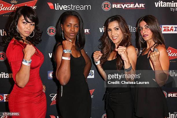 Television personalities Amanda Morgan, Connie Mccrory, Nancy Rodriguez and Patricia Lauriet arrive at Bamma USA presents Badbeat 10 at Commerce...