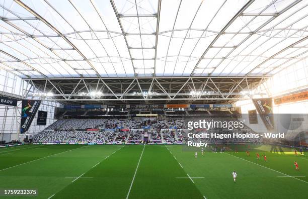 General view of play inside the stadium during the WXV1 match between England and Canada at Forsyth Barr Stadium on October 27, 2023 in Dunedin, New...