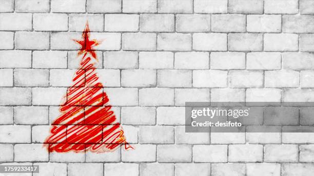 horizontal weathered rustic rough gray white color brickwall textured grunge vector backgrounds with one red scribbled painted christmas tree and star as graffiti - whitewashed brick stock illustrations