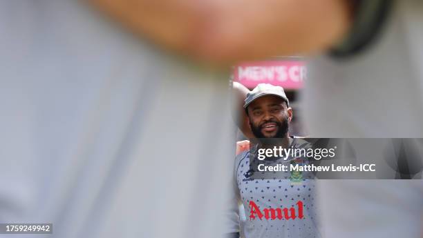 Temba Bavuma of South Africa looks on from the huddle ahead of the ICC Men's Cricket World Cup India 2023 between Pakistan and South Africa at MA...