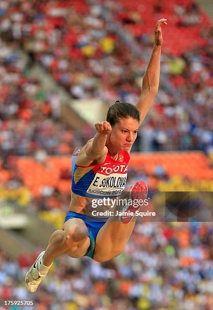 Elena Sokolova of Russia competes in the Women's Long Jump qualification during Day One of the 14th IAAF World Athletics Championships Moscow 2013 at...