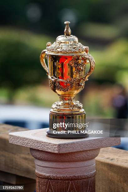 General view of the Web Ellis Cup during a welcome ceremony at the Union Buildings in Pretoria on November 2 after South Africa won the France 2023...