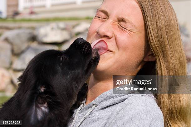 Black puppy licking the mouth of a blond girl