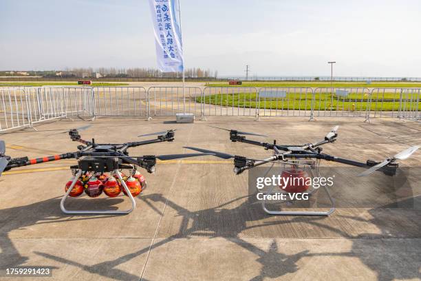 Quadrotors are on display during 2023 Xi'an UAV Show on October 26, 2023 at Xi'an National Civil Aerospace Industrial Base in Xi'an, Shaanxi Province...
