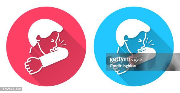 cough or sneeze into elbow. round icon with long shadow on red or blue background - cough or sneeze into elbow stock illustrations