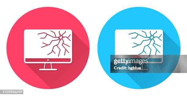 desktop computer with broken screen. round icon with long shadow on red or blue background - broken tv flat screen stock illustrations
