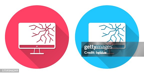 Desktop computer with broken screen. Round icon with long shadow on red or blue background Desktop computer with broken screen. Round icon with long shadow on red or blue background