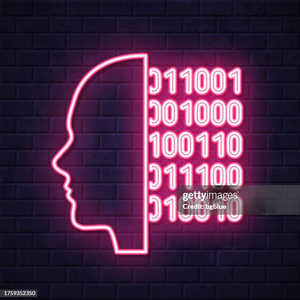 human face with binary code. glowing neon icon on brick wall background - computer glow on face stock illustrations