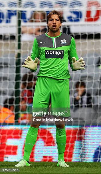 Tim Krul of Newcastle United in action during a Pre Season Friendly between Newcastle United and Braga at St James' Park on August 10, 2013 in...