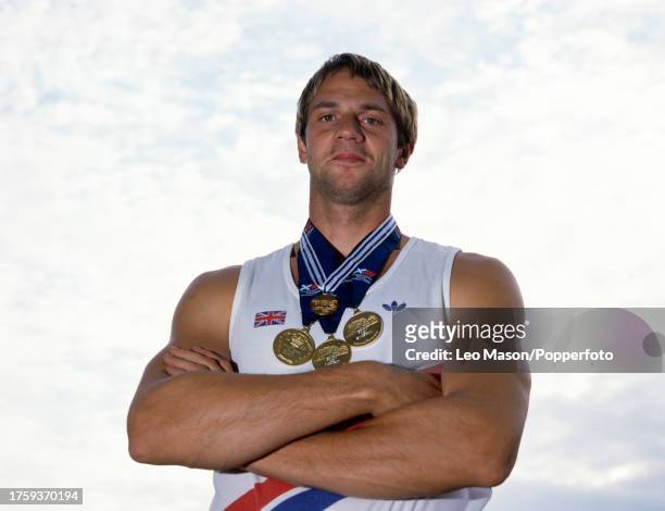 British rower Steve Redgrave with his medals won at the Commonwealth Games in Edinburgh, circa July 1986.