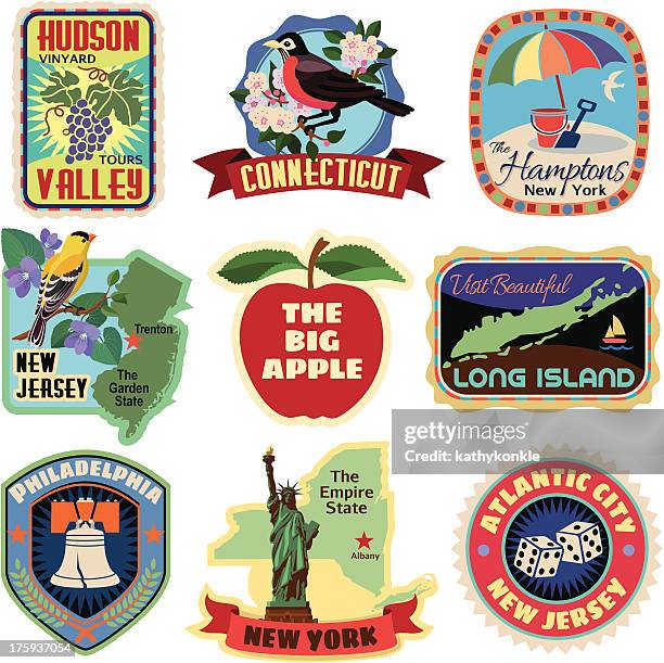 new york metropolitan gegend reisen aufkleber - amerikanische-bundesstaatsgrenze stock-grafiken, -clipart, -cartoons und -symbole