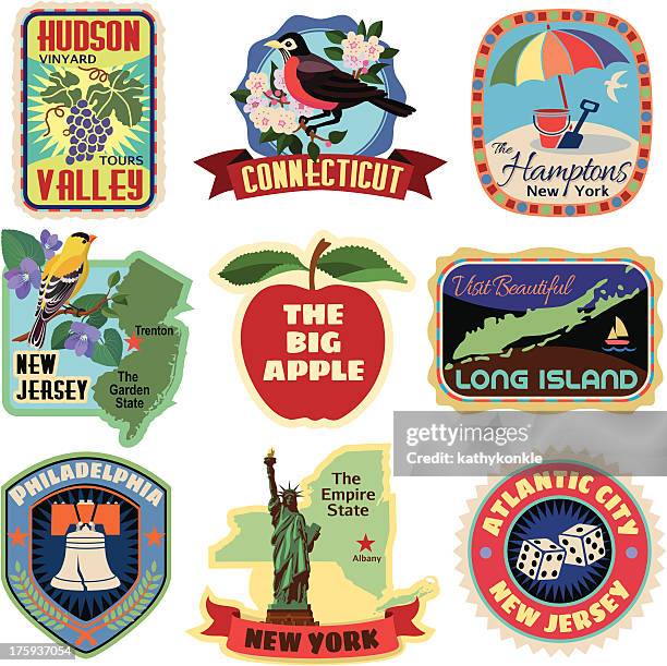ilustraciones, imágenes clip art, dibujos animados e iconos de stock de área metropolitana de nueva york de pegatinas de viajes - new york